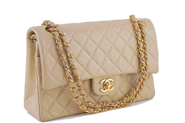 Chanel Beige Lambskin Medium-Large Classic 2.55 Double Flap Bag - Boutique Patina