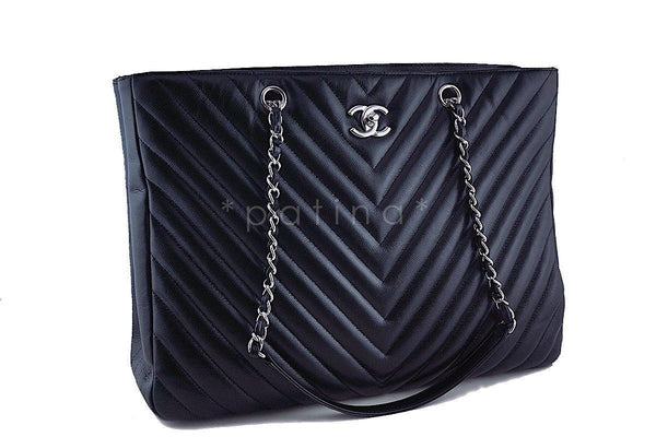 Chanel Black Caviar Chevron Classic Quilted Shopper Tote Bag - Boutique Patina