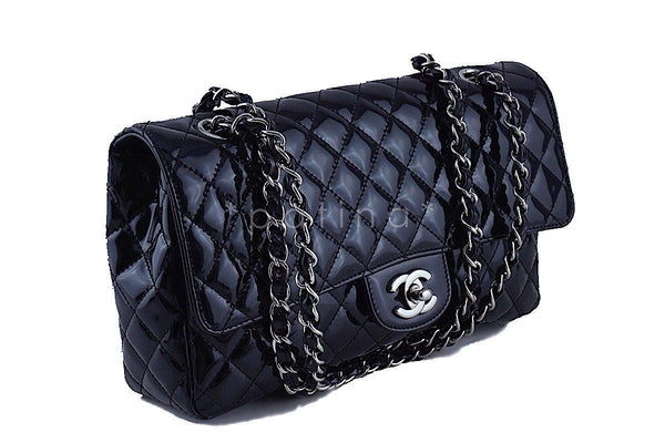 Chanel Black Glossy Patent Quilted Classic Label Flap Bag - Boutique Patina