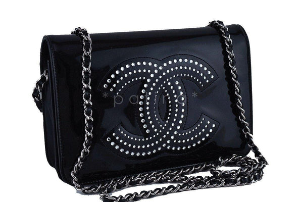 Chanel Black Patent Strass Crystals WOC Flap Wallet on Chain Purse Bag - Boutique Patina