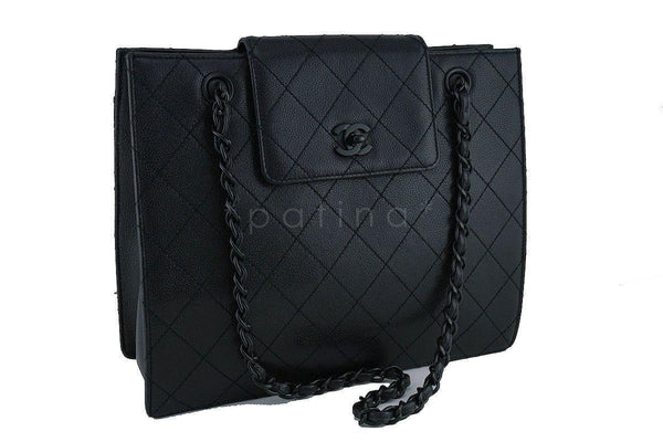 Chanel So Black Caviar Medium Quilted Classic Tote Bag Flap Closure - Boutique Patina