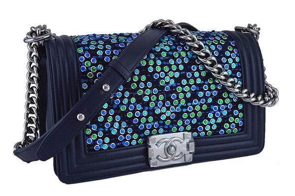 NIB 17S Chanel Rare Jeweled Tweed Lambskin Navy Blue Medium Boy Flap Bag - Boutique Patina