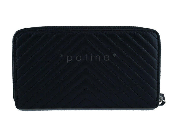 NIB Chanel Black Chevron Compact Zip Around Small Card Wallet Case - Boutique Patina