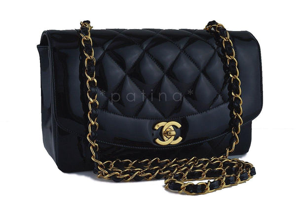 Chanel Vintage Black Patent Quilted Classic "Diana" Shoulder Flap Bag 24k gold plated - Boutique Patina