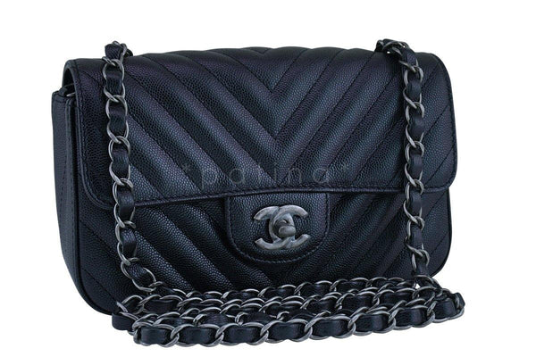New 17B Chanel Iridescent Black Chevron Caviar Classic Mini 2.55 Flap Bag - Boutique Patina