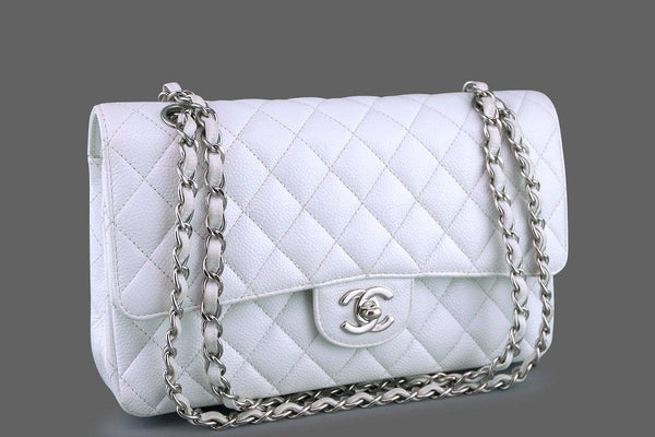 Chanel White Caviar Medium Classic 2.55 Double Flap Bag SHW - Boutique Patina