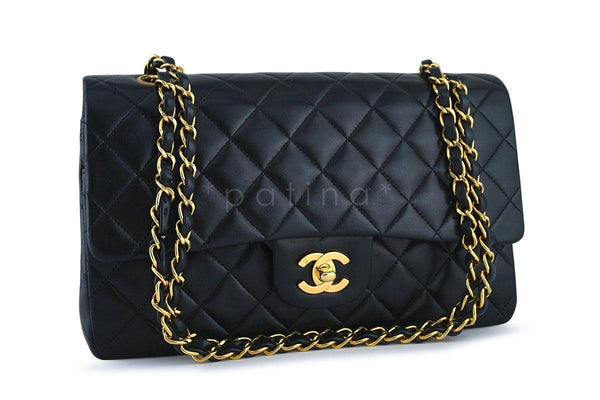 Chanel Black Lambskin Medium-Large Classic 2.55 Flap Bag 24K Gold Plated - Boutique Patina
