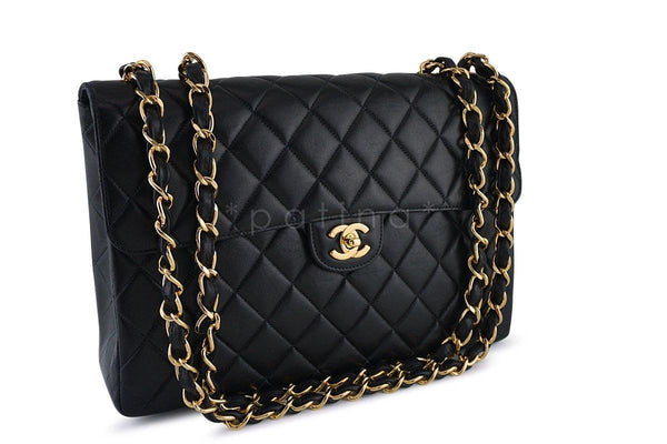Chanel Black Lambskin Jumbo Quilted Classic 2.55 Flap Bag 24k Gold Plated - Boutique Patina