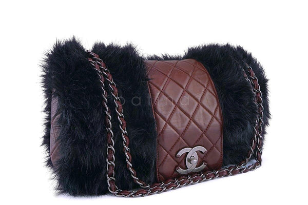 Chanel Burgundy Maxi XL Jumbo Quilted Classic Fantasy Fur Flap Bag - Boutique Patina