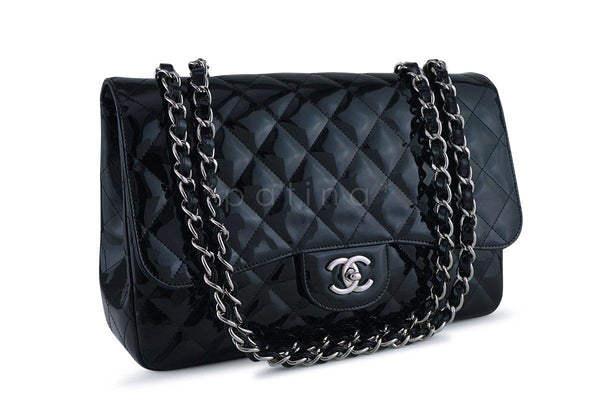 Black and Red Quilted Patent Medium Classic Double Flap Bag Silver