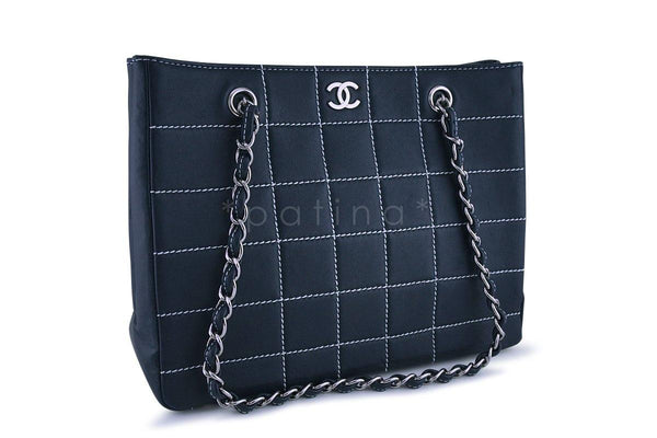 Chanel Navy Blue-Black Contrast Stitch Quilted Shopper Tote Bag - Boutique Patina