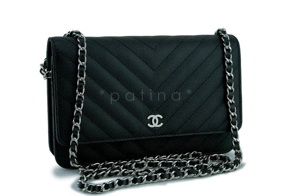 New Chanel Black Caviar Classic Chevron Quilted WOC Wallet on Chain Flap Bag SHW - Boutique Patina
