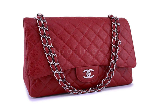 Chanel 10C Red Caviar Maxi Quilted Classic 2.55 Jumbo XL Flap Bag - Boutique Patina