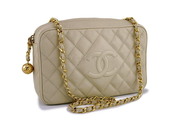 Chanel Vintage Light Beige Caviar Classic Quilted Camera Case Bag - Boutique Patina