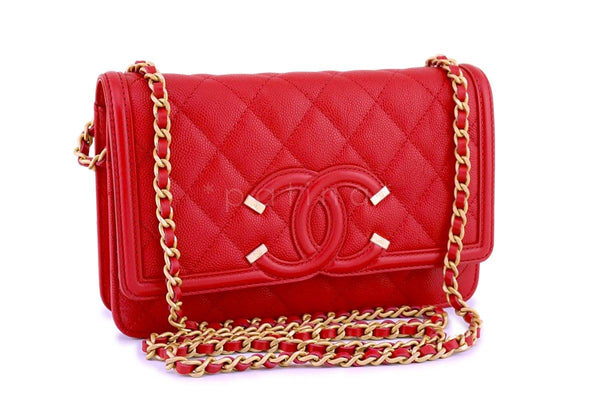 NWT 18P Chanel Red Caviar Filligree WOC Wallet on Chain Flap Bag - Boutique Patina