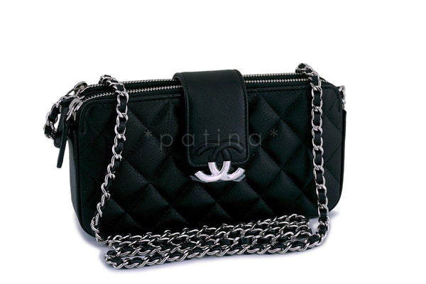 New 18P Chanel Black CC Double Zip Clutch Wallet on Chain WOC Bag