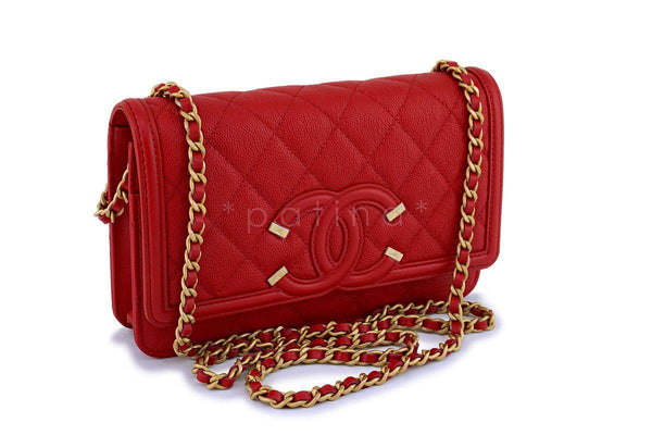 NIB 18P Chanel Red Caviar Filigree WOC Wallet on Chain Flap Bag - Boutique Patina