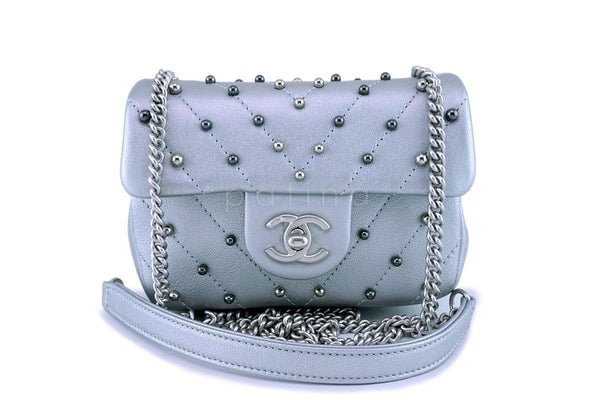 Chanel Silver Pearl Chevron Quilted Classic Mini Flap Bag Limited - Boutique Patina
