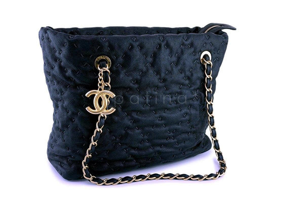 Chanel Dark Blue-Black Quilted Caviar Brushed Gold Charm Tote Bag - Boutique Patina