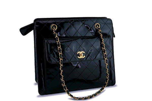 Chanel Black Vintage Patent Classic Quilted Flap Shopper Tote Bag - Boutique Patina