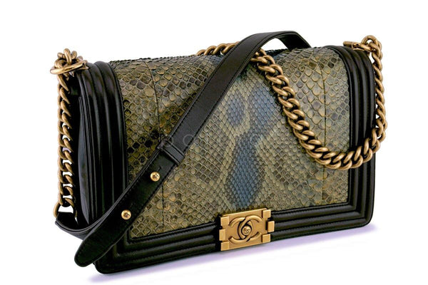 Chanel Python Olive Brown Exotic Classic Boy Flap Bag GHW - Boutique Patina