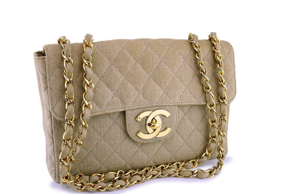 Chanel Beige Vintage Linen Canvas Jumbo Classic Flap Bag 24k GHW - Boutique Patina