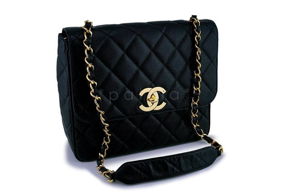 Rare Chanel Vintage Caviar Large/Jumbo Square Classic Flap Bag 24k GHW - Boutique Patina