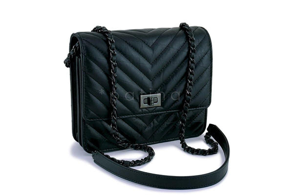 New 17K Chanel So Black Chevron Reissue Square WOC Wallet Chain Flap Bag - Boutique Patina