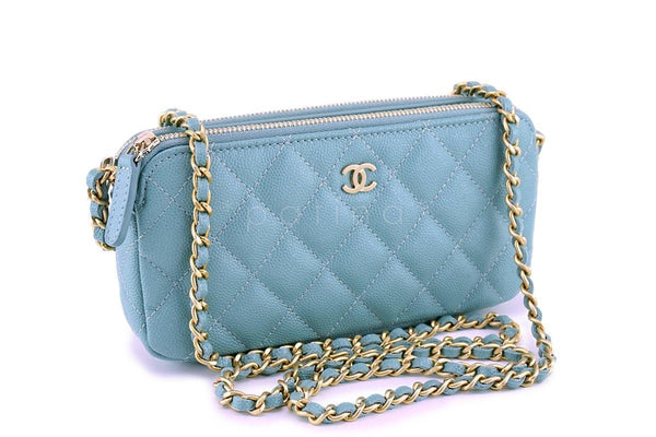 New 18C Chanel Irisdescent Blue Caviar Double Zip Wallet on Chain Clutch WOC Bag - Boutique Patina