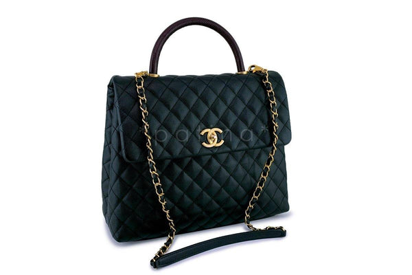 Chanel Black Caviar/Lizard Coco Handle Shoulder Flap Kelly 2-Way Tote Bag - Boutique Patina