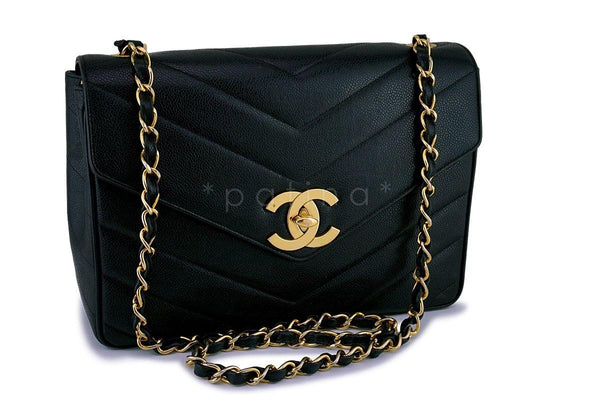 Chanel Vintage Black Caviar Chevron Jumbo Flap Bag - Boutique Patina