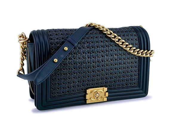 Chanel Navy Blue Gold-Trimmed Woven Boy Flap Bag - Boutique Patina