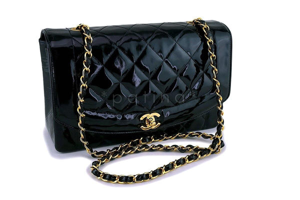 Chanel Vintage Black Patent Medium Classic Diana Flap Bag 24k GHW - Boutique Patina