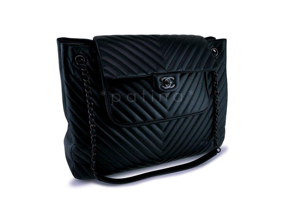 Rare 15S Chanel So Black Chevron Classic Large Shopper Flap Tote Bag - Boutique Patina