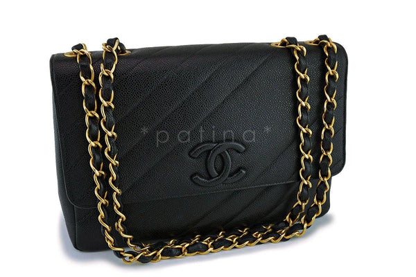 Chanel Black Quilted Vintage Caviar Logo Jumbo Flap Bag 24K GHW - Boutique Patina
