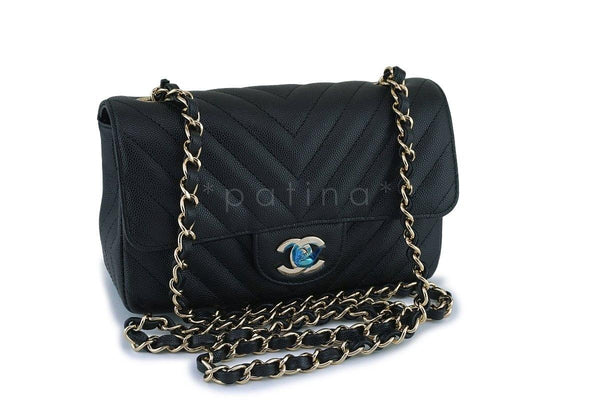 NWT 18B Chanel Black Caviar Chevron Rectangular Mini Classic Flap Bag GHW - Boutique Patina