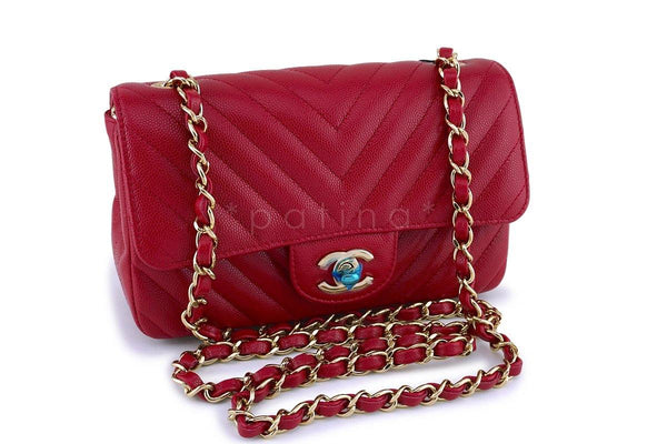 NWT 18B Chanel Pink Red Caviar Chevron Rectangular Mini Classic Flap Bag - Boutique Patina