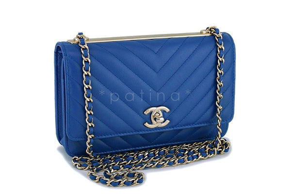NIB 19C Chanel Blue Chevron Trendy CC WOC Wallet on Chain Flap Bag GHW - Boutique Patina