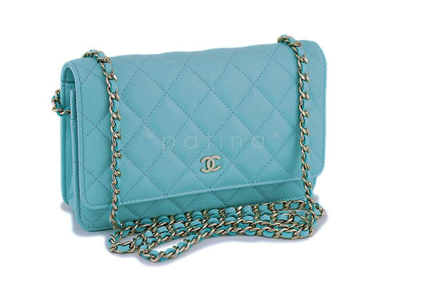 NIB 19C Chanel Lt Turquoise Blue Caviar Classic Wallet on Chain WOC Mini Flap Bag GHW - Boutique Patina