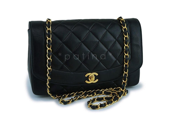 Chanel Black Vintage Lambskin Medium Diana Classic Flap Bag 24k GHW - Boutique Patina