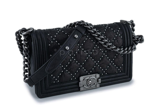 Chanel Black Crumpled Calf Studded Medium Classic Boy Flap Bag RHW - Boutique Patina
