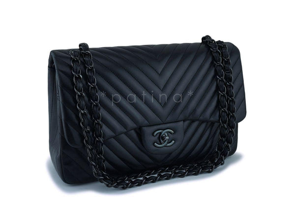 Chanel So Black Chevron Jumbo Classic Double Flap Bag - Boutique Patina
