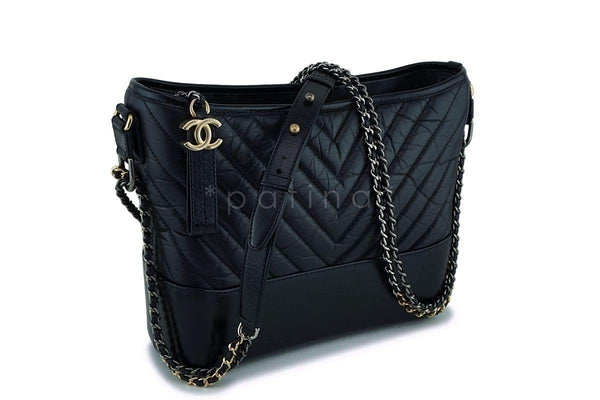 Chanel Black Calfskin Medium Chevron Gabrielle Hobo Bag - Boutique Patina