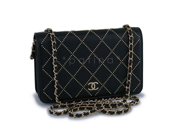 NIB 19P Chanel Black Studded Goatskin Classic Wallet On Chain WOC Flap Bag GHW - Boutique Patina