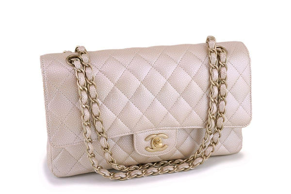 12P Chanel Pearl Beige-White Caviar Medium Classic Double Flap Bag GHW - Boutique Patina