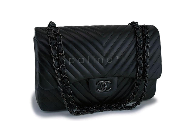Chanel So Black Chevron Lambskin Jumbo Classic Double Flap Bag - Boutique Patina