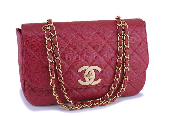 Rare Chanel Vintage Red Caviar Flap with Classic Jumbo CCs Bag GHW - Boutique Patina