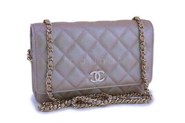NIB 19S Chanel Iridescent Taupe Beige Rose Gold Pearly CC Wallet on Chain WOC Flap Bag - Boutique Patina