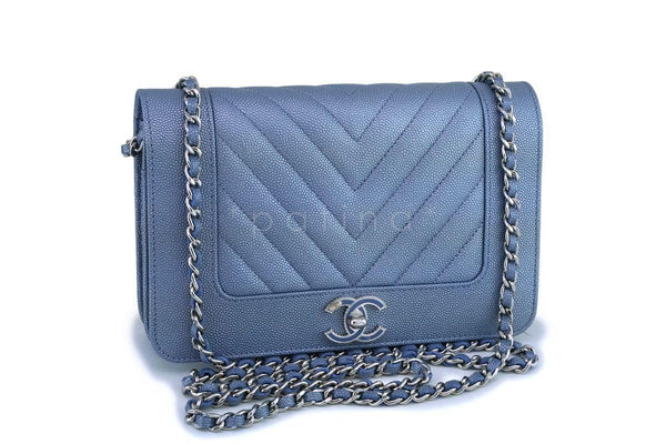 NIB 19P Chanel Iridescent Pearly Blue Caviar Mademoiselle Chevron Wallet on Chain WOC Bag - Boutique Patina