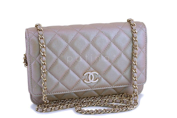 NIB 19S Chanel Iridescent Taupe Beige Rose Gold Pearly CC Wallet on Chain WOC Flap Bag - Boutique Patina
